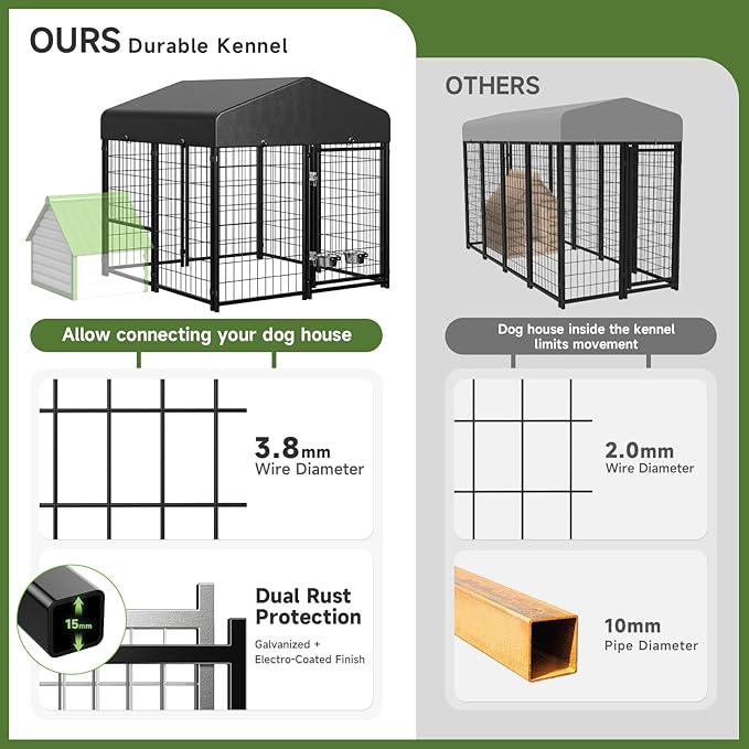 2PCS Dog Kennel Outdoor, Outside Dog Kennel with Roof & Swivel Feeders/Removable Doggy Door Allow Connecting Your Dog House, Heavy Duty Dog Run Pen Yard for Medium/Large Dogs (5'Lx5'Wx5'H)