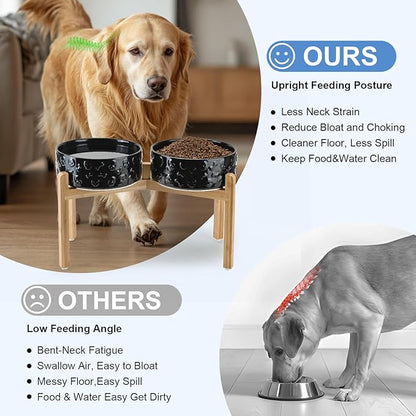 SPUNKYJUNKY Elevated Dog Bowls Ceramic, 8.3'' Dogs Food Water Bowls Raised with Non-Slip Bamboo Stand for Large Sized Breed Microwave Dishwasher Safe - 60 OZ,Skull Black