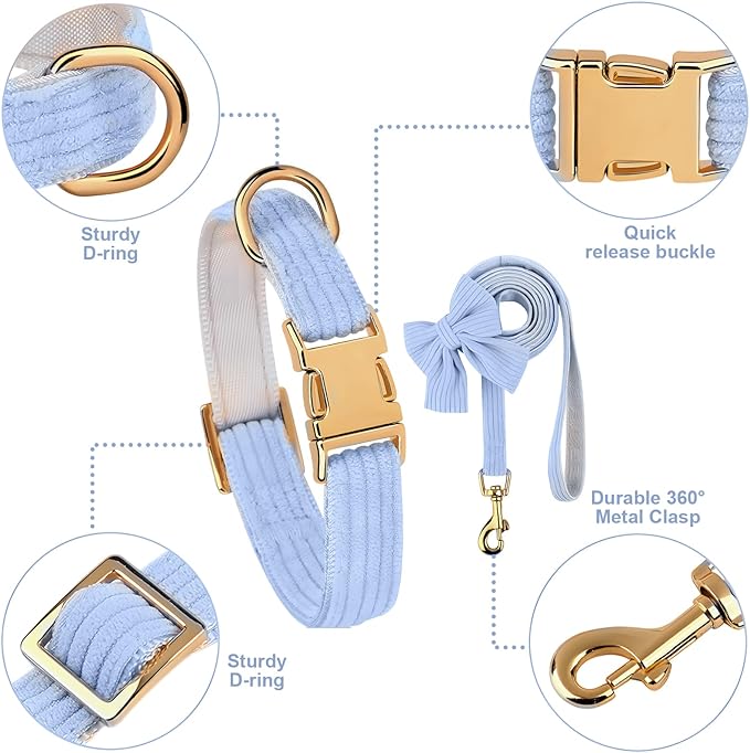Dog Collar and Leash Set with Bowtie, Girl Dog Collars Metal Buckle Adjustable for Small Medium Dogs (Blue, M: Neck 13"-22" Leash 5 FT)