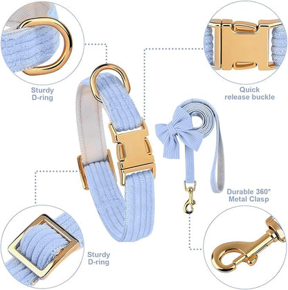 Dog Collar and Leash Set with Bowtie, Girl Dog Collars Metal Buckle Adjustable for Small Medium Dogs (Blue, M: Neck 13"-22" Leash 5 FT)