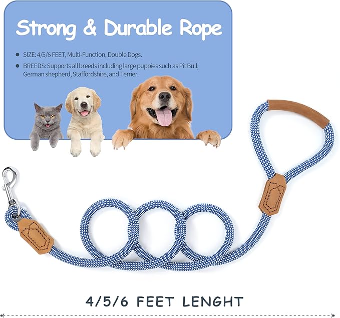 Mile High Life | Premium Leather Dog Leash | Strong Rope Leash | Leather Handle | Zinc Alloy Strong Clasp | Small Medium Large Dogs | 4/5/6 Feet(Blue White, 72 Inch (Pack of 1))