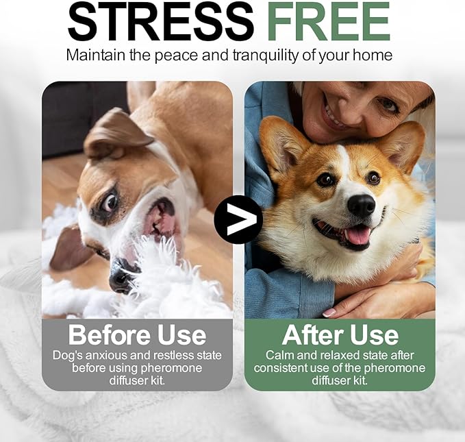 Dog Calming Pheromone Diffuser for Dogs, Plug-in + 3 Refills Kit, Supports Relaxed Behavior, Helps Ease Stress, Anxiety, Barking, Fear During Loud Events, Separation, Travel, 90 Days Non-Toxic Care