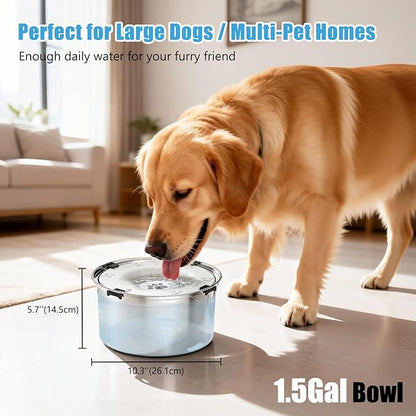 SCHITEC No Spill Dog Water Bowl for Large Dogs, 5.6L / 1.5 Gallon Stainless Steel Splash-Proof Slow Drinking Pet Dish with Floating Disk & Non-Slip Base, Mess-Free Design for Home or Travel-Light Gray
