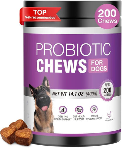Probiotics for Dogs 200pcs Dog Probiotics for Digestive Health Digestive Enzymes and Prebiotic, Probiotic Chews for Dogs Support Gut Health, Relieve Diarrhea, Itchy Skin, Enhance Immunity