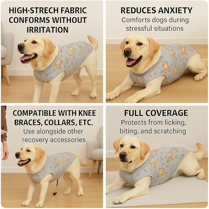 PetWarm Recovery Suit for Dogs, Dog Surgical Recovery Suit Female and Male, Dog Onesie for Surgery, Anti-Licking Dog Surgery Recovery Suit, Monkey Pattern, Grey, L
