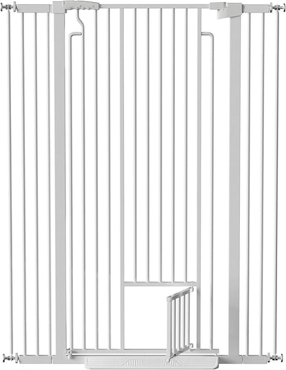 53.15" Extra Tall Cat Gate for Doorway, 29.53"-40.16" Wide Auto Close Safety Pet Gate with Small Cat Door, NO Drilling Pressure Mount Kit for Cats and Dogs, White