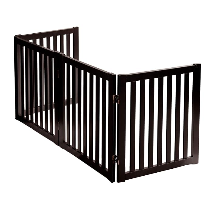 WELLAND 24" Freestanding Pet Gate, Foldable Wooden Dog Gate, 4 Panel Step Over Fence, Indoor Puppy Gate, Expands Up to 80" Wide, Espresso