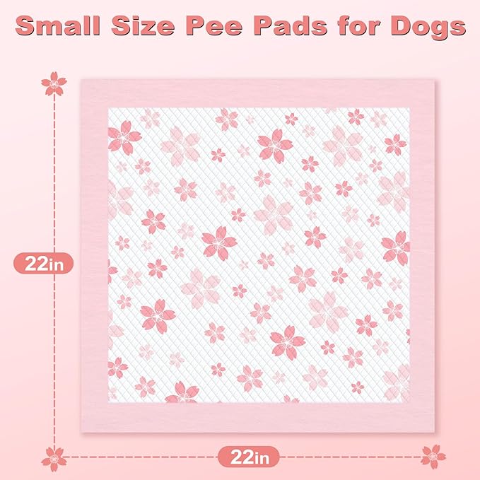MIZOK Puppy Pads 22"x22", Pee Pads for Dogs 6-Layer Absorbency & Leak-Proof, Pink Cherry Blossom Prints, 4-Corner Adhesive Tabs, Wee Wee Pads for Small Dog Breeds (30 Counts)