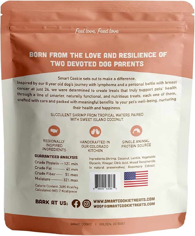 Smart Cookie All Natural Soft Dog Treats - Shrimp & Coconut - Healthy Dog Treats for Allergies, Sensitive Stomachs - Chewy, Grain Free, Human-Grade, Made in The USA - 5oz Bag, 1 Pack