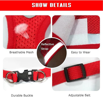 FEimaX Dog Harness and Leash Set for Walking, Soft Mesh Adjustable Easy Control Lightweight Cat Vest Harnesses with Reflective Strips, Escape Proof Small Dogs Cats Vests (Red, Medium)