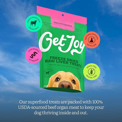 Get Joy Freeze Dried 100% Beef Liver Dog Treats, 4oz | Single Ingredient Organ Meat, High Protein Raw Dog Food Topper, Snack & Training Rewards | Grain Free, Gluten Free, Filler Free