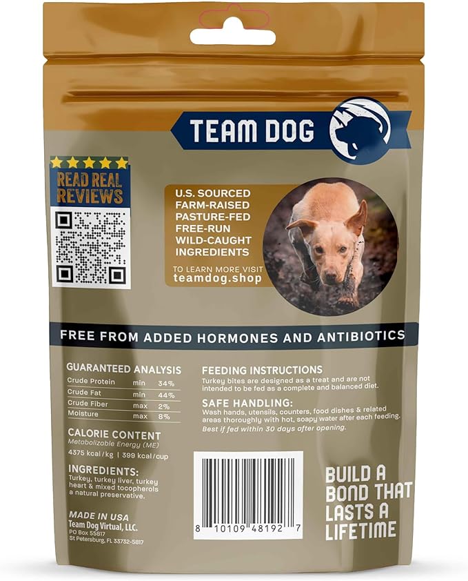 Team Dog Freeze Dried Turkey Dog Treats for Training | Healthy Gluten Free, Grain Free Dog Treats | No Added Fillers, Flavoring or by-Products | for All Breeds & Sizes | 5.2 Oz Turkey Bites