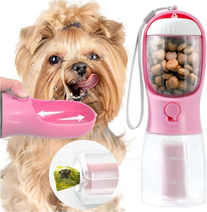Portable Water Bottle for Small Dogs, 3 in 1 Pet Travel Bowl Dispenser with Food Treat Container & Poop Bag Holder, Summer Hiking Walking Accessories for Puppy On The Go - Pink, 10oz