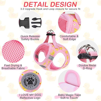 BEAUTYZOO Dog Harness Medium Sized and Leash Set, Step-in Soft Padded Mesh Puppy Vest, Reflective Dog Harness No Pull No Choke, Breathable Easy Walking Vest Harnesses for Girl Boy Pets,Pink Ducks M