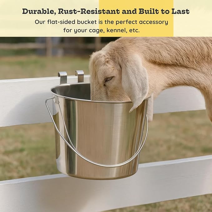 9 quart Stainless Steel Flat Sided Bucket with Dual Hooks | 2.25 gal Food & Water Bowl for XL Dog Goat Sheep Cattle Horse & Livestock | Fits kennel Crate Cages Farm | Hanging Utility Pail