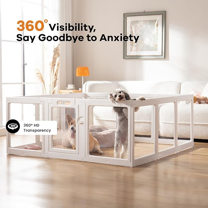 Clear Acrylic Dog Playpen Indoor, Puppy Cat Small Pet Play Pen, Pet Cat Playpen for Rabbits, Dog Fence Crate Kennel Whelping Cage (White, 12 Panel)