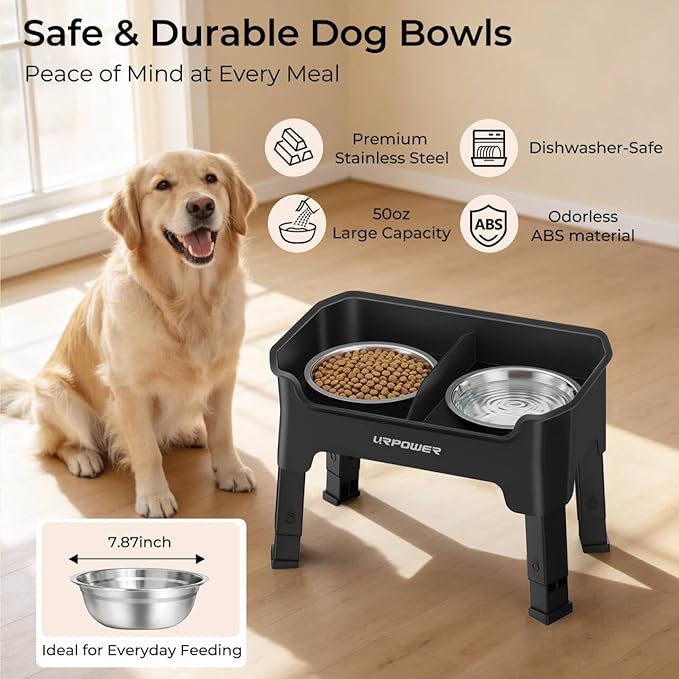 URPOWER Mess Proof Elevated Dog Bowls, High Wall Splash Guard Design, 4 Height Adjustable Raised Bowl Stand, 2 Stainless Steel Bowls, Non-Slip Food Water Set for Small Medium Large Dogs