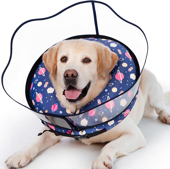 Inflatable Dog Cone Collar,Waterproof Soft Dog Donut Cone for Large Medium Small Dogs Cats, Recovery Pet E-Collar Alternatives After Surgery (Planet-with Shield, Large)