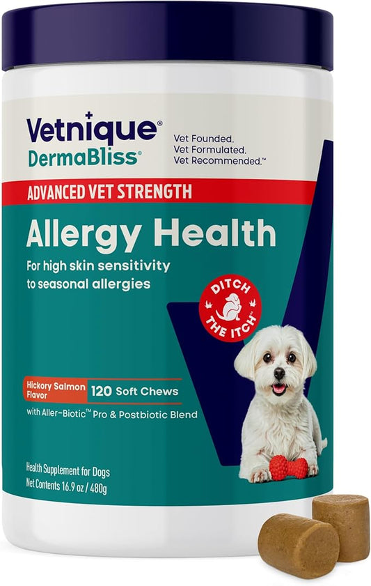 Vetnique DermaBliss Dog Allergy Chews for Seasonal Allergy Itch Relief, Skin & Gut Health with Probiotics and Omega 3 Blend - Advanced or Regular Strength (120ct, Advanced Strength Chews)