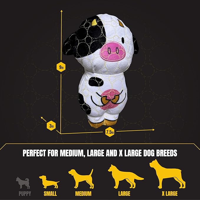 Bite Force -Durable & Strong Dog Toy Cow with Squeaker, Kevlar-Reinforced for Aggressive Chewers for Small Medium Large Dogs - White and Pink.