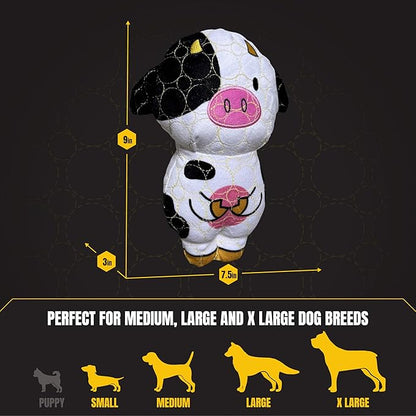 Bite Force -Durable & Strong Dog Toy Cow with Squeaker, Kevlar-Reinforced for Aggressive Chewers for Small Medium Large Dogs - White and Pink.