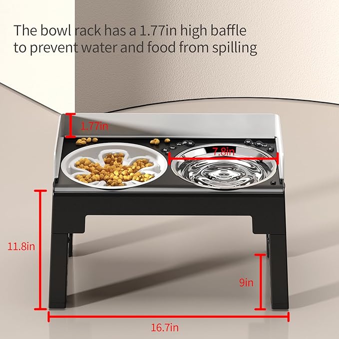 PAKEWAY Elevated Dog Bowls, Spill Proof, Tiltable Dog Feeder with 1 Slow Feeder Bowl &1 Stainless Steel Bowl, 6 Height Adjustable Raised Dog Bowls Stand for Medium Large Dogs