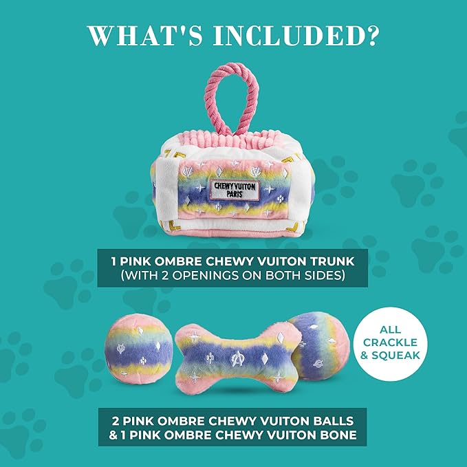 Haute Diggity Dog Chewy Vuiton Trunk Puzzle with 3 Plush Squeaky Dog Toys, Soft Durable Designer-Inspired Stuffed Puppy Chew Toys for Small & Medium Dogs, Machine-Washable (Pink Ombre) One Size