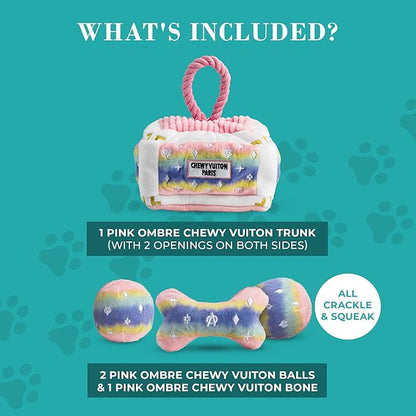 Haute Diggity Dog Chewy Vuiton Trunk Puzzle with 3 Plush Squeaky Dog Toys, Soft Durable Designer-Inspired Stuffed Puppy Chew Toys for Small & Medium Dogs, Machine-Washable (Pink Ombre) One Size