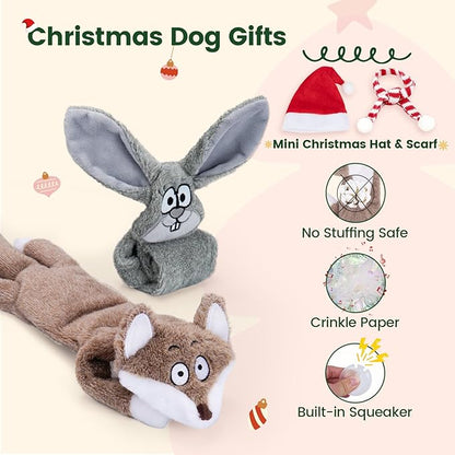 HGB Christmas Dog Toys for Large Dogs with Mini Christmas Hat & Scarf, Squeaky Crinkle Plush Dog Toys for Small, Medium, Large Breed and Puppy Teething, Daily Companionship, Cute Bunny & Redfox