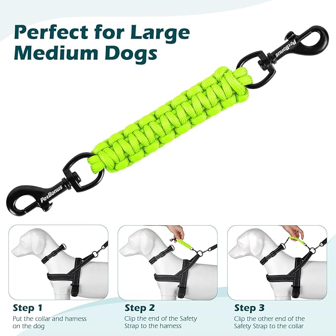 PetBonus Dog Collar Safety Clip, Handmade Backup Safety Strap for Dog Harness, Prong, Pinch Collar, Double Ended Clasp Leash Connector (Neon Green)