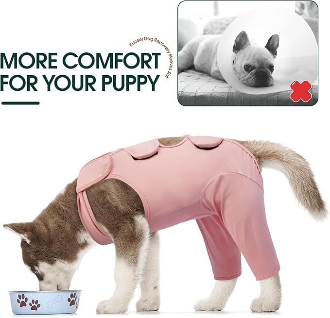 Kuoser Dog Surgery Recovery Suit for Rear Legs, Thigh Wound Protective Sleeve for Dogs, Dog Recovery Sleeve for Female Male Dogs, Dog Onesie After Surgery Pet Surgical Suit for Spay Neuter, Pink S
