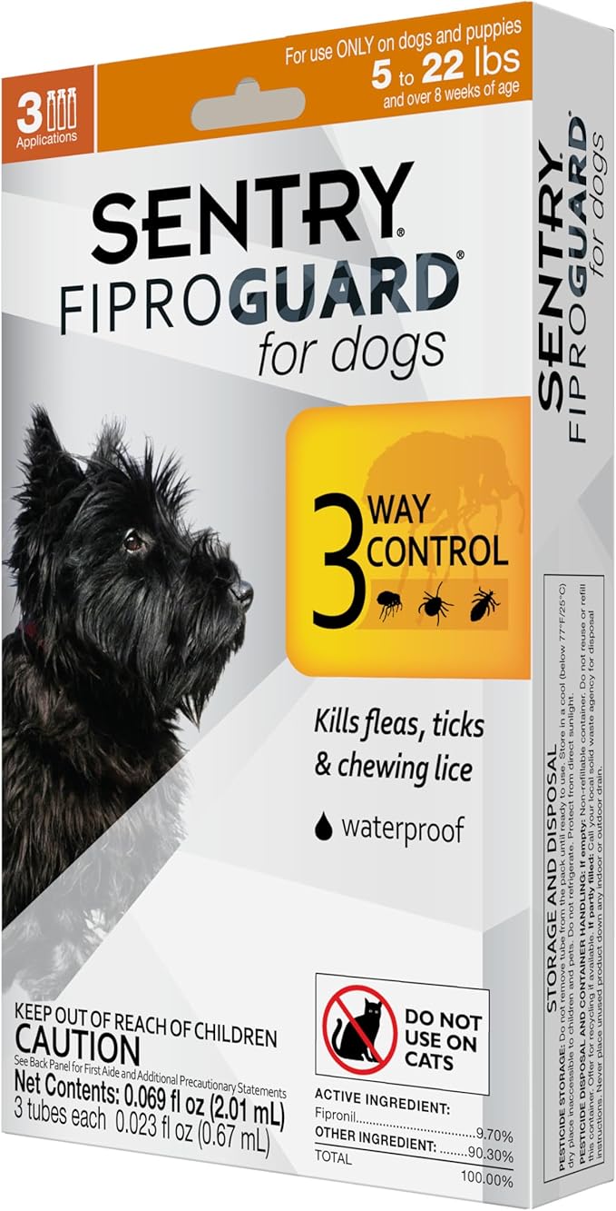 Sentry Fiproguard for Dogs, Flea and Tick Prevention for Dogs (5-22 Pounds), Includes 3 Month Supply of Topical Flea Treatments