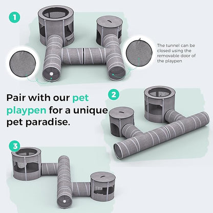 PETOCAT Cat Tunnel 4 Way with Teaser Wand & 2 Plush Ball, 5 Shapes Available, 54/80.7" L, H-Shaped Collapsible Pet Play Tube Maze for Kitten Puppy Bunny Ferret Rabbit, Indoor/Outdoor Peekaboo Cave