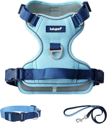 3 in 1 No Pull Dog Harness Leash and Collar Set, Soft Adjustable Dogs Vest Reflective and Comfortable Handle Blue Medium