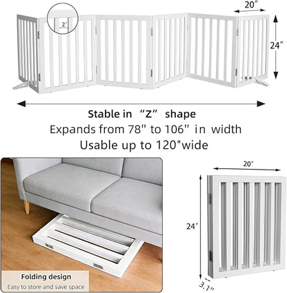ZJSF Freestanding Indoor Dog Gate for House Foldable Wood White Puppy Gate for Doorways Pet Gate for Stairs Extra Wide Pet Fence 24" Height 6 Panels