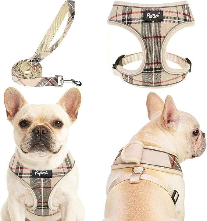 PUPTECK Soft Mesh Dog Harness Small Sized and Leash Set Pet Puppy Cat Comfort Padded Vest No Pull Harnesses, Beige Plaid, Openable Neck, New XS