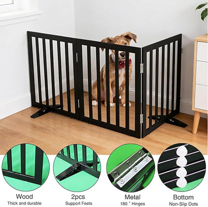 ZJSF Freestanding Indoor Dog Gate for House Foldable Wood Puppy Gate for Doorways Pet Gate for Stairs Extra Wide Pet Fence, Black, 24" Height 3 Panels