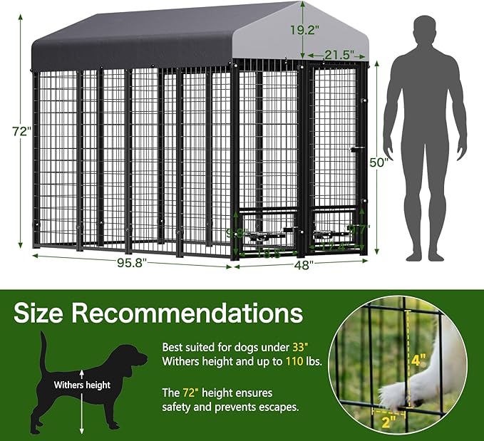 Dog Kennel Outdoor 8 x4 x6 ft with Roof and Rotating Bowl Holders, Large Metal Dog Enclosure, Heavy Duty Dog House Built with Robust 4mm Diameter Wire (8'L x 4'W x 6'H)