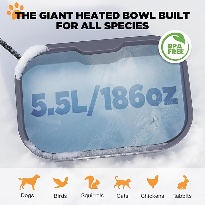 IPOW Extra Large Heated Water Bowl - 5.5L Outdoor Heated Dog Bowl with Long Cord, Keep Water Warm at 77-95℉ for Cats Dogs Rabbit Chicken Duck, BPA-Free, Gray, Rectangular, 1.5 Gallons, 194 fl oz