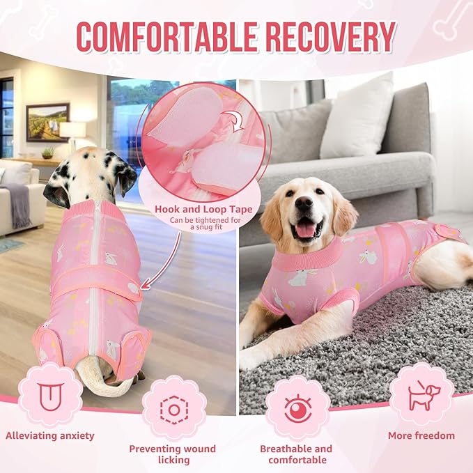 Lukovee Recovery Suit for Dogs, Zipper-On Onesie for Female Male Dog, Abdominal Wounds Cone E-Collar Alternative, Prevent Licking Spay (4XL, A-Pink)