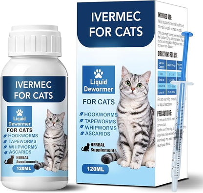 lvermect Dewormer Liquid for Cats, Cat Dewormer, Digestive Cleanser Treatment, Broad Spectrum for All Wormer, Round Worms, Pin Worms, Hookworms, Lung Worms, Cats Internal Balance Support