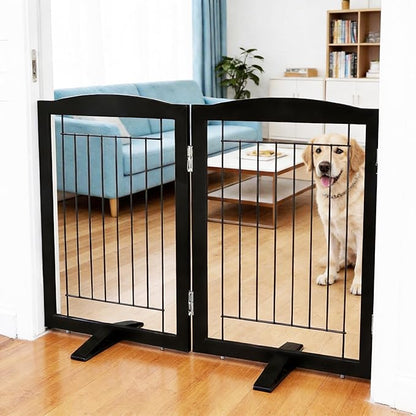 ZJSF Freestanding Dog Fence Indoor, Foldable Dog Gate for Doorways, Stairs or Hallways, Sturdy Wood Extra Wide Pet Gate with Support Feet for The House, Black, 32 "Height-2 Panels