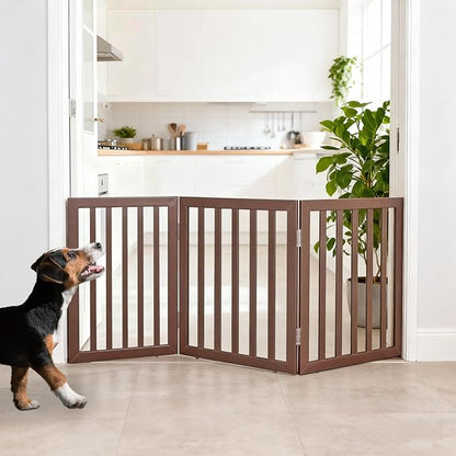 ZJSF Freestanding Indoor Dog Gate for House Foldable Wood Brown Puppy Gate for Doorways Pet Gate for Stairs Extra Wide Pet Fence 24" Height 3 Panels