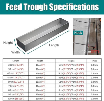 Animal Water Trough Outdoor 8 15 23 35 39 in, Pigeon Chicken Duck Goose Rabbits Hay Feeder, Stainless Steel Small Feeding Trough Set for Livestock/Poultry(H 7cm(2 3/4"),L 100cm (39 2/5"))