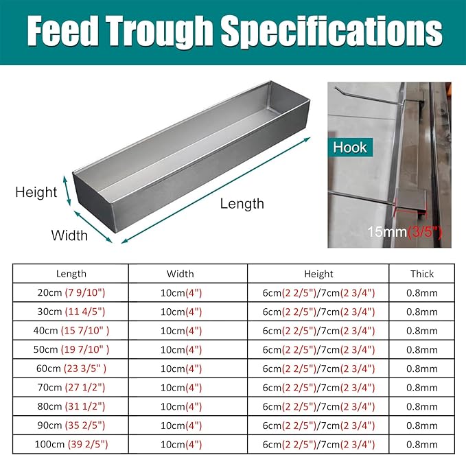 Animal Water Trough Outdoor 8 15 23 35 39 in, Pigeon Chicken Duck Goose Rabbits Hay Feeder, Stainless Steel Small Feeding Trough Set for Livestock/Poultry(H 7cm(2 3/4"),L 70cm (27 1/2"))