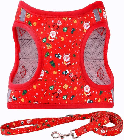 Moonpet Step in Christmas Xmas Day Dog Harness Leash Set- All Weather Reflective No-Pull Floral Pattern Padded Mesh Vest Harness for Cats Puppy Extra-Small Small Medium Large Dogs - S