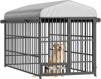 HOOBRO Outdoor Dog Kennel with Cover, 6.6 x 3.9 x 5.9 ft Dog Kennel Outside with Waterproof Roof and Rotating Feeding Bowls, Heavy-Duty Large Cage Enclosure, for Medium & Large Dogs, Black BK212GW03