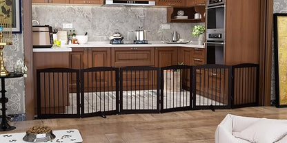 PUPETPO Freestanding Pet Gate for Dogs, Foldable Wooden Dog Gate for House, Extra Wide Indoor Pet Barrier for Stair, Doorway, Hall, Support Feet Included, 120 Inch Wide, 6 Panels 24", Brown