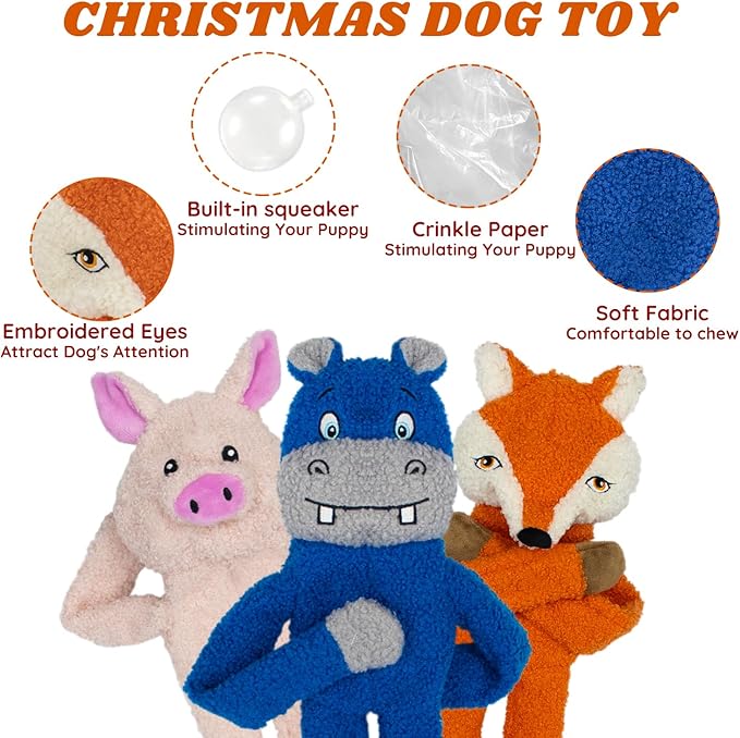 3 Pack No Stuffing Dog Toys Crinkle Squeaky Interactive Plush Dog Toy, not for Aggressive Chewers, to Keep Them Busy,Shape Orange Fox Pink Pig Blue Hippo