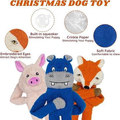 3 Pack No Stuffing Dog Toys Crinkle Squeaky Interactive Plush Dog Toy, not for Aggressive Chewers, to Keep Them Busy,Shape Orange Fox Pink Pig Blue Hippo